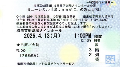 宝塚歌劇・雪組公演『波うららかに、めおと日和』梅田芸術劇場メインホール、初日公演のＢ席３階２列の宝塚歌劇チケット。